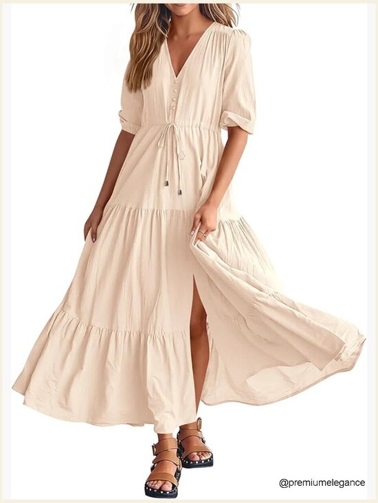 Dresses & Skirts - Short Sleeve V-Neck Maxi Dress with Drawstring Waist, Boho Style